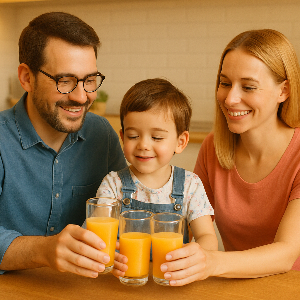 Bild A: Familie trinkt Orangensaft